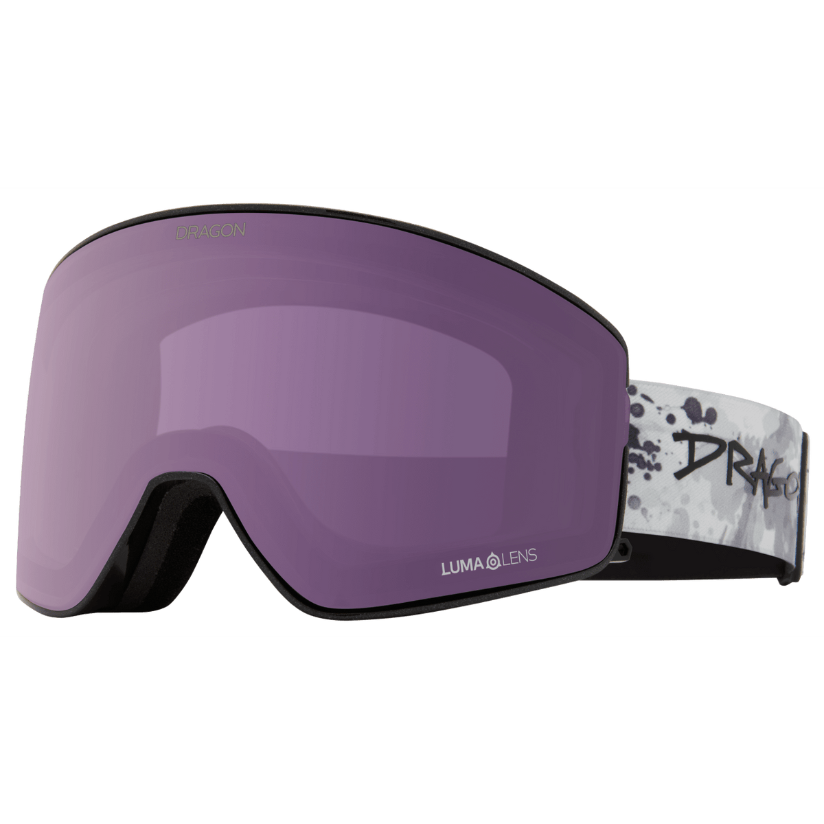 Snow goggles with purple mirrored lens and speckled strap with DRAGON branding