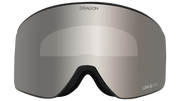Snow goggles with dark frame and wide grey mirrored lens with LUMA LENS text