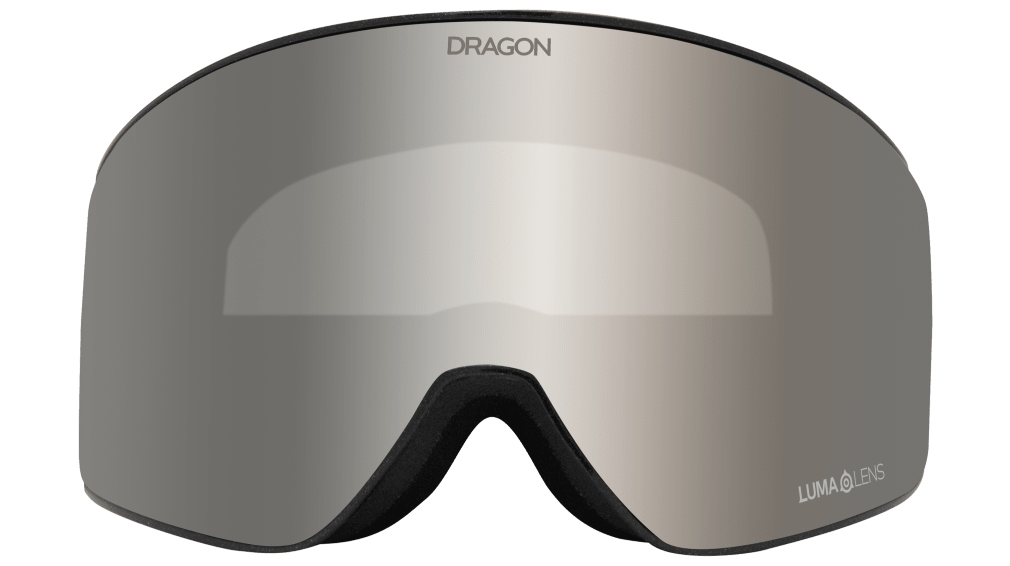 Snow goggles with dark frame and wide grey mirrored lens with LUMA LENS text