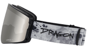 Snow goggles with dark frame and mirrored lens, speckled strap with DRAGON branding