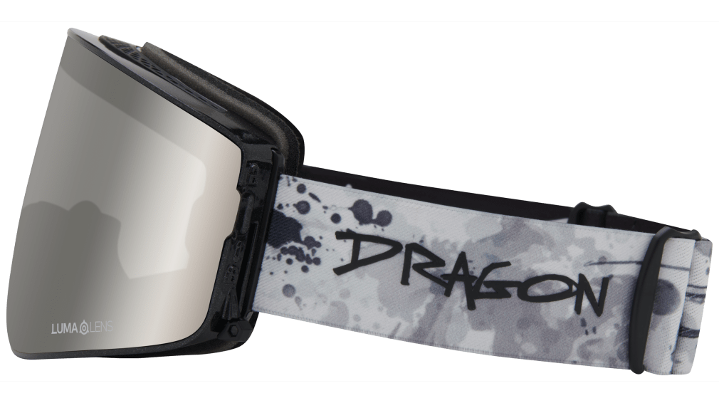 Snow goggles with dark frame and mirrored lens, speckled strap with DRAGON branding