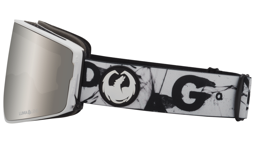 PXV2 snow goggles with white-and-black strap and silver reflective lens