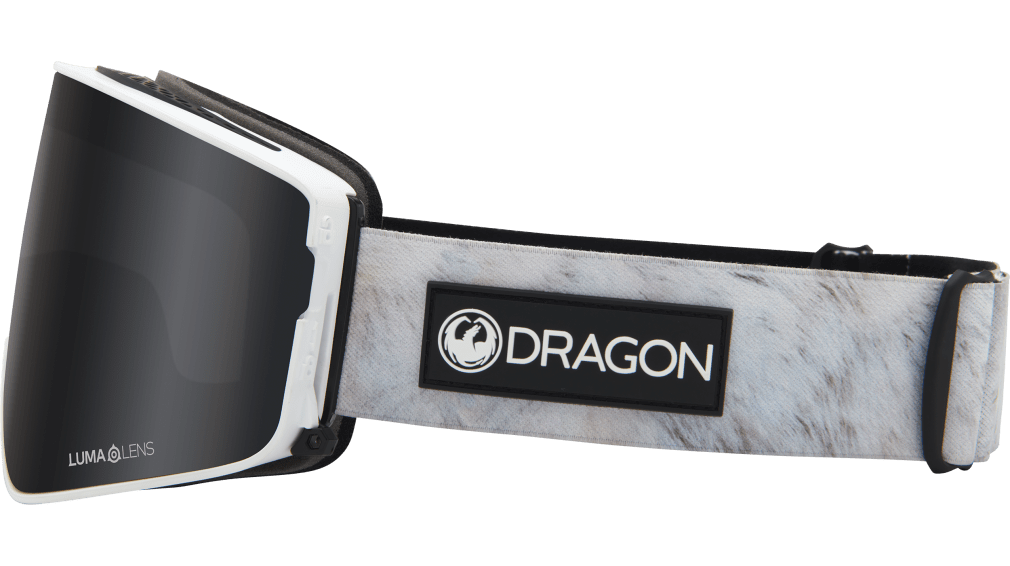 Snow goggles with speckled light frame strap and DRAGON logo patch