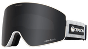 Snow goggles with white frame, dark mirrored lens, and DRAGON side logo
