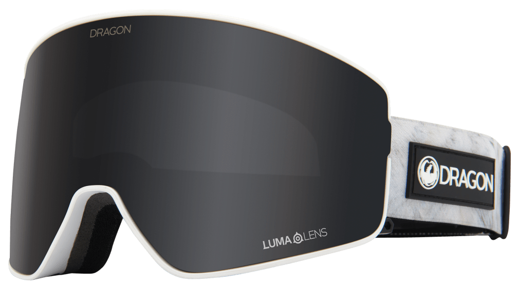 Snow goggles with white frame, dark mirrored lens, and DRAGON side logo