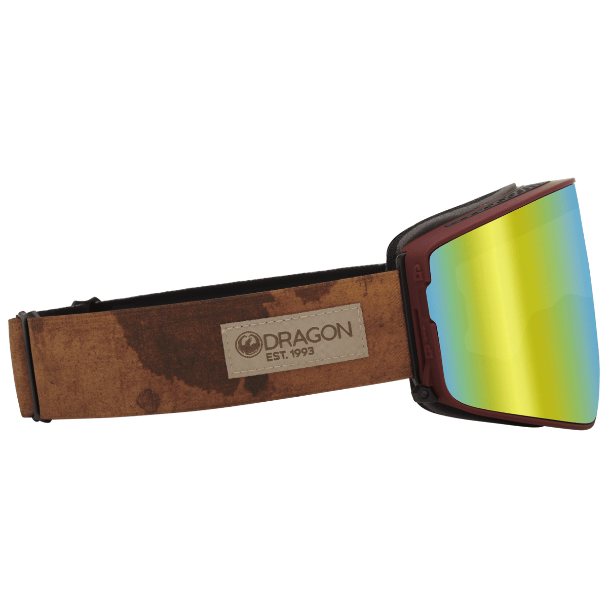 Snow goggles with yellow mirror lens and brown strap with DRAGON EST 1993 label