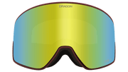 Snow goggles with yellow-green mirror lens and dark red frame