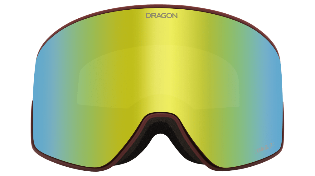Snow goggles with yellow-green mirror lens and dark red frame