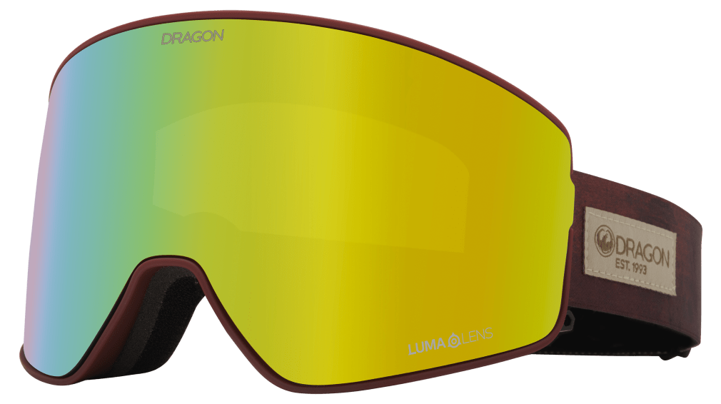 Snow goggles with yellow mirror lens and dark red frame/strap