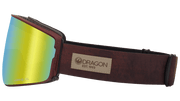 Snow goggles with yellow mirror lens and dark red strap with side logo