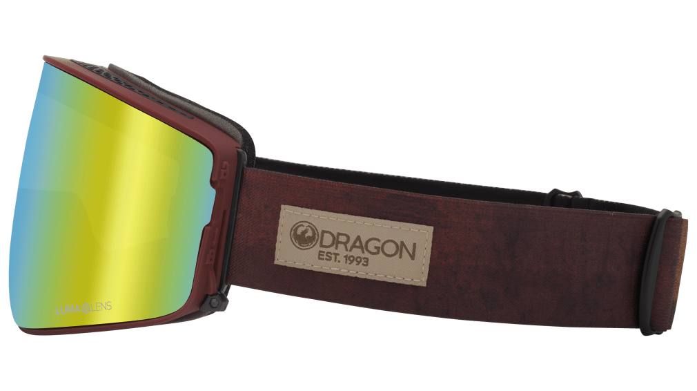 Snow goggles with yellow mirror lens and dark red strap with side logo