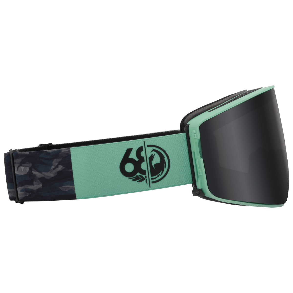 PXV2 snow goggles with teal-and-black patterned strap and dark lens