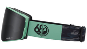 PXV2 snow goggles with teal strap, black lens, and logo print