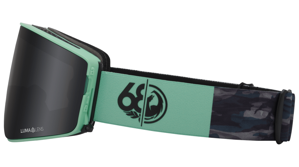 PXV2 snow goggles with teal strap, black lens, and logo print