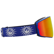 PXV2 snow goggles with blue sun-pattern strap and orange mirrored lens