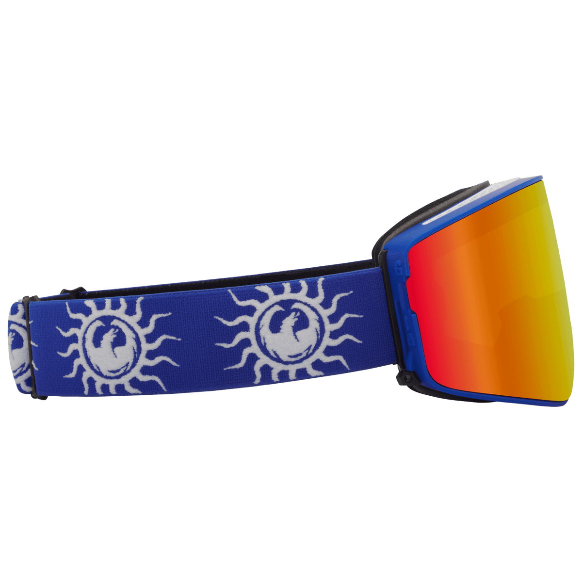 PXV2 snow goggles with blue sun-pattern strap and orange mirrored lens