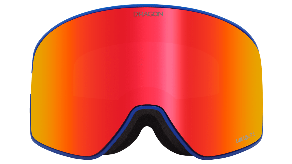 PXV2 snow goggles with red-orange mirrored lens and blue frame