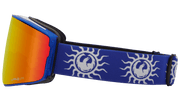 PXV2 snow goggles with blue sun-pattern strap and orange mirrored lens