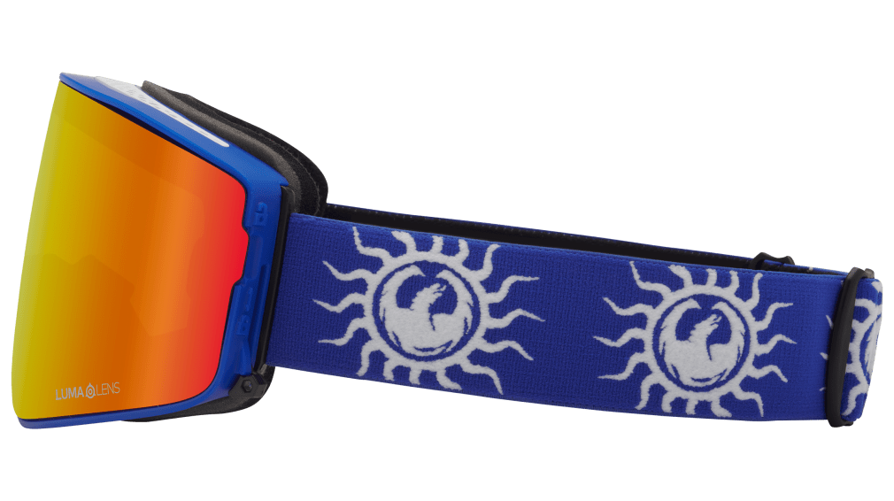 PXV2 snow goggles with blue sun-pattern strap and orange mirrored lens
