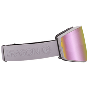 Snow goggles with pink mirror lens and light gray strap with embossed DRAGON