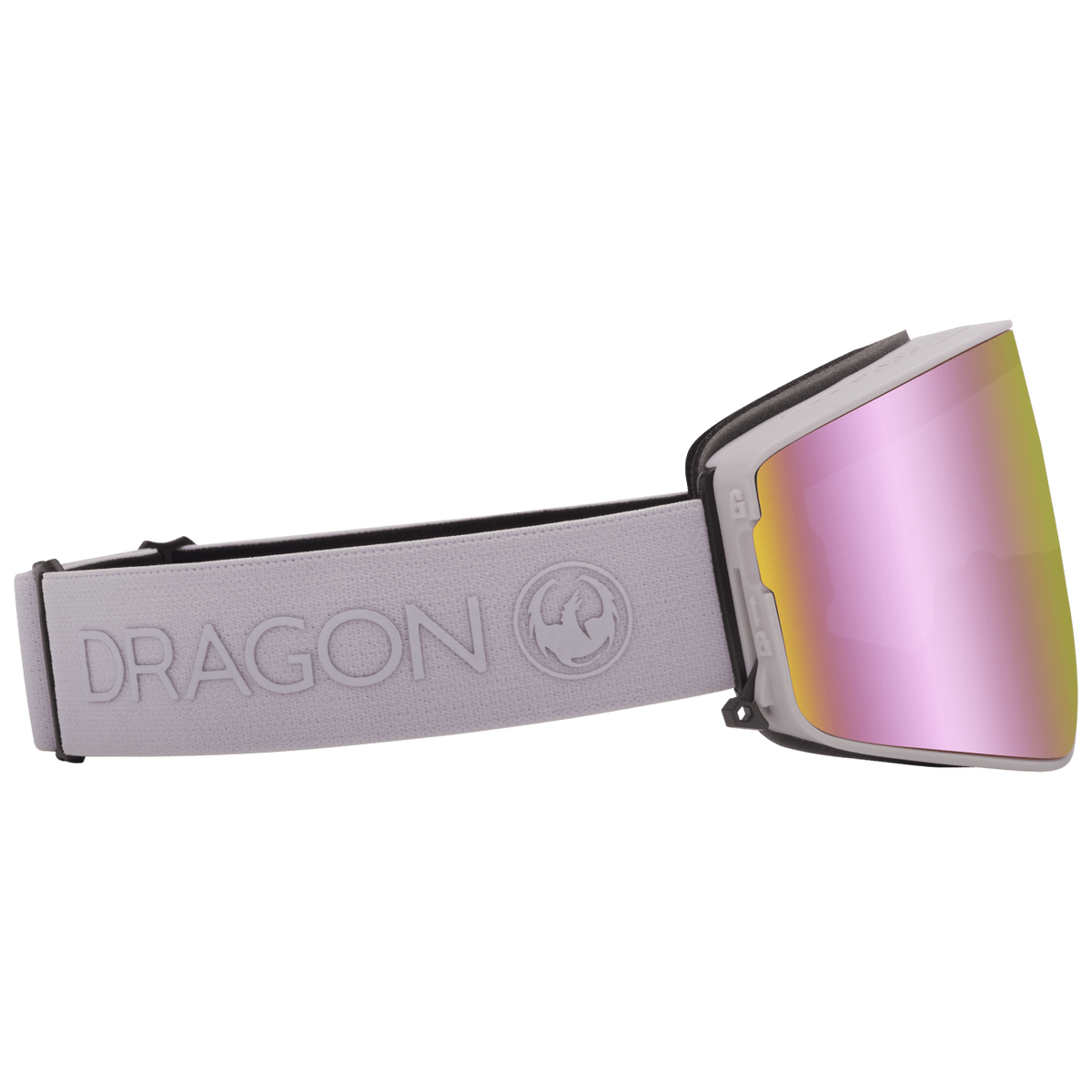 Snow goggles with pink mirror lens and light gray strap with embossed DRAGON