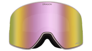 Snow goggles with pink mirror lens and white-gray frame