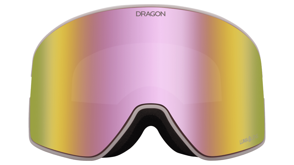Snow goggles with pink mirror lens and white-gray frame