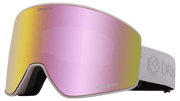 Snow goggles with pink mirror lens and light gray frame/strap