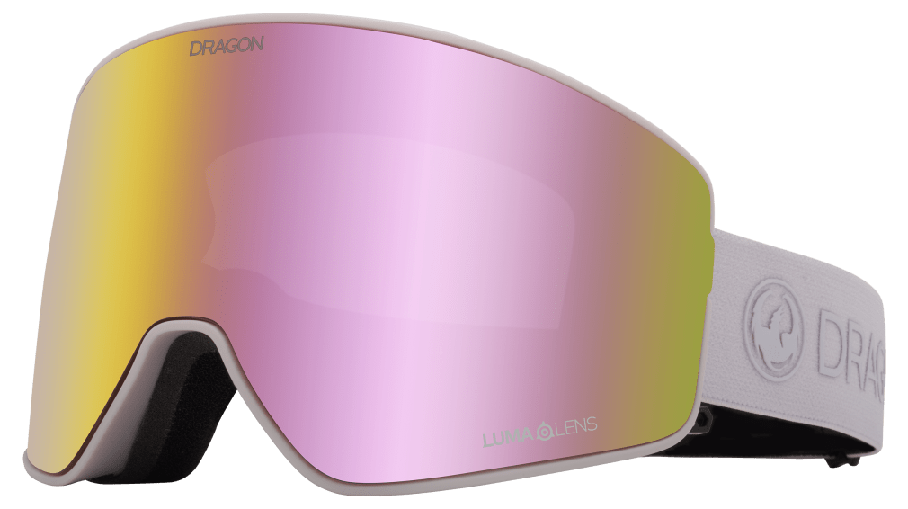 Snow goggles with pink mirror lens and light gray frame/strap