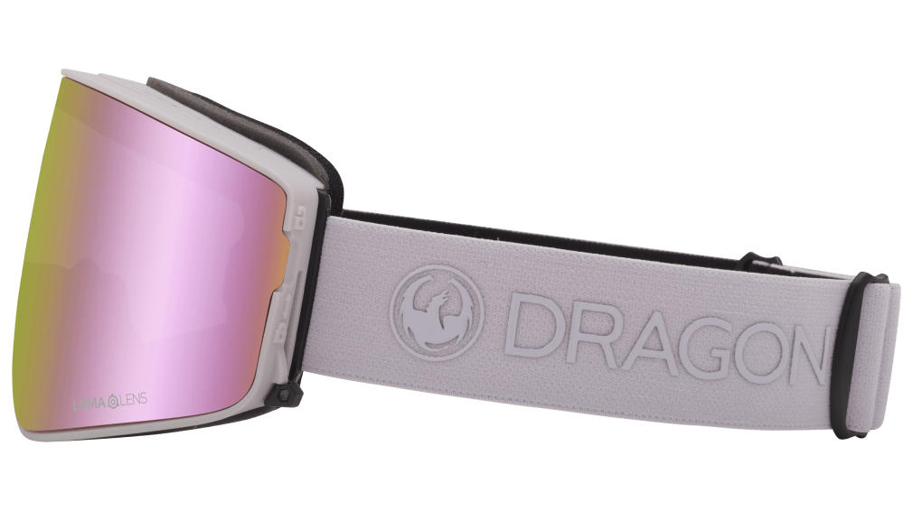 Snow goggles with pink mirror lens and light gray strap with DRAGON logo