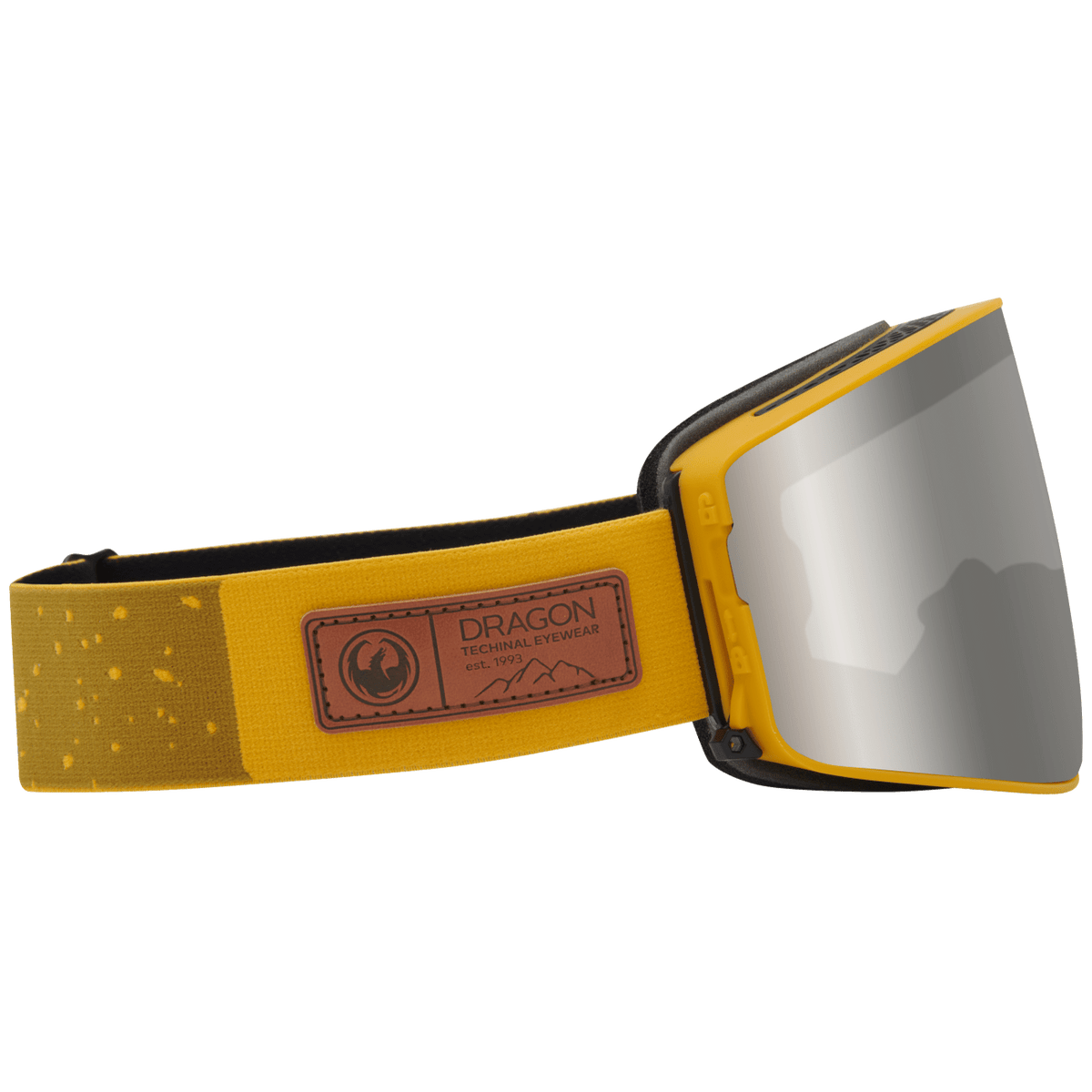 Dragon Alliance PXV2 snow goggles with silver mirrored lens and yellow strap