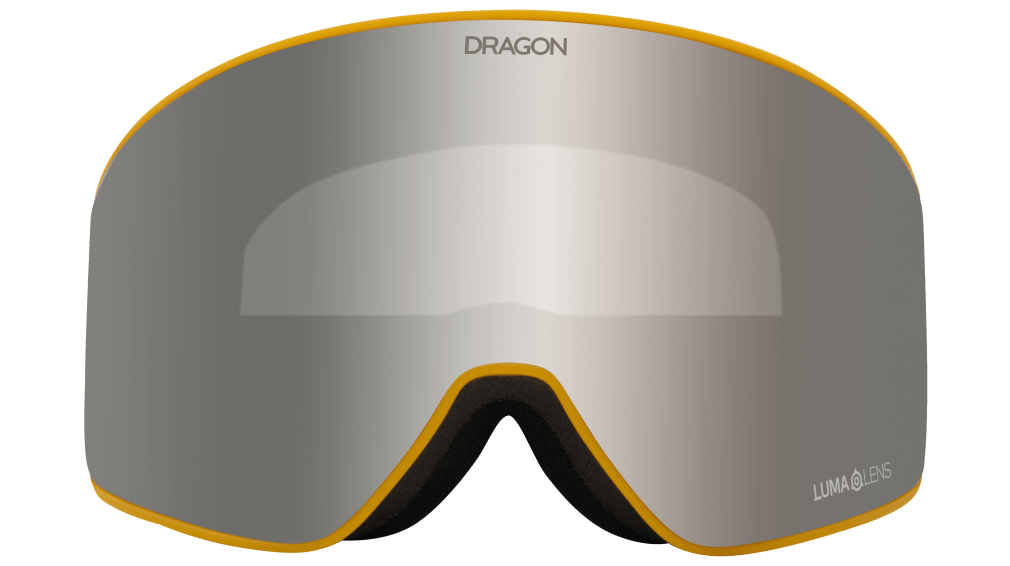 Dragon Alliance PXV2 snow goggles with dark grey mirrored lens and white strap