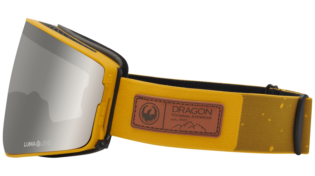Dragon Alliance PXV2 snow goggles with silver mirrored lens and yellow strap