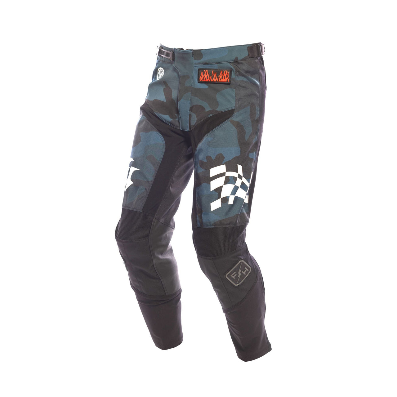 Youth camo motocross pants with checkered graphic, zip fly and knee panels