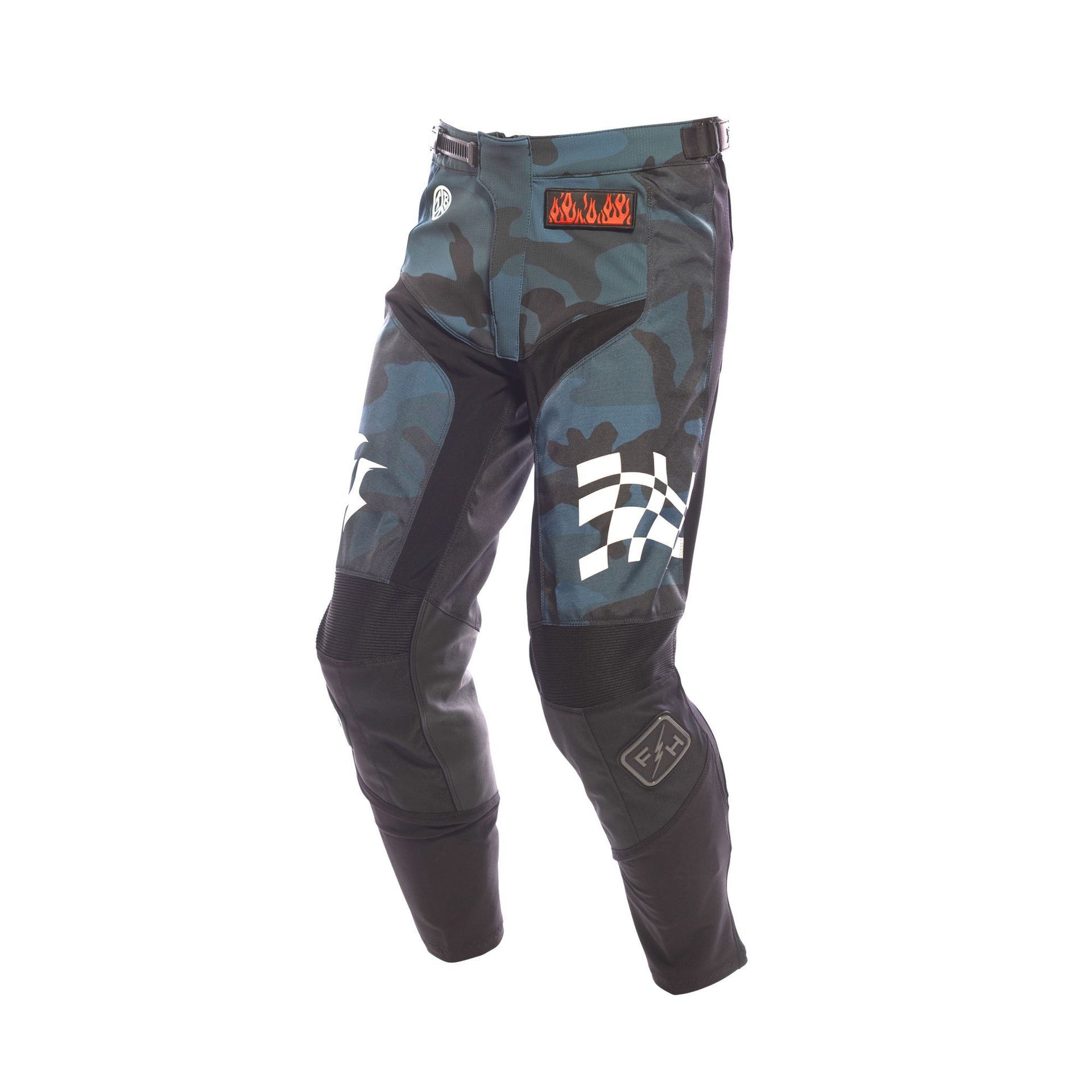 Youth camo motocross pants with checkered graphic, zip fly and knee panels
