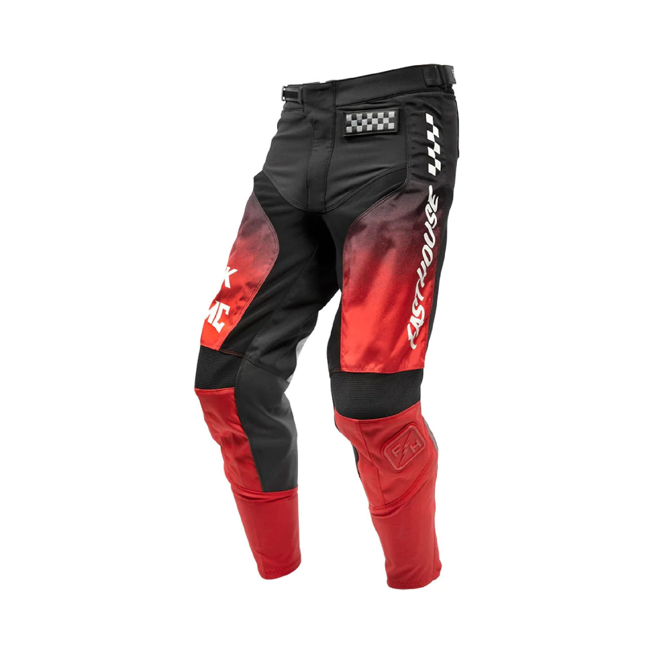 Youth motocross pants in black and red with check patch and zip ankle cuffs