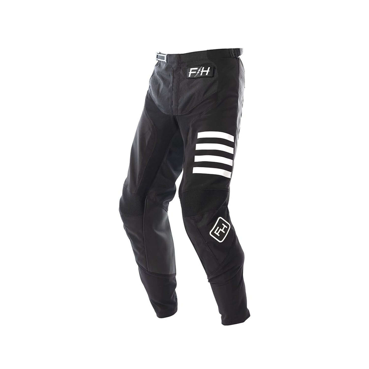 Youth black motocross pants with white triple stripe and F/H logo