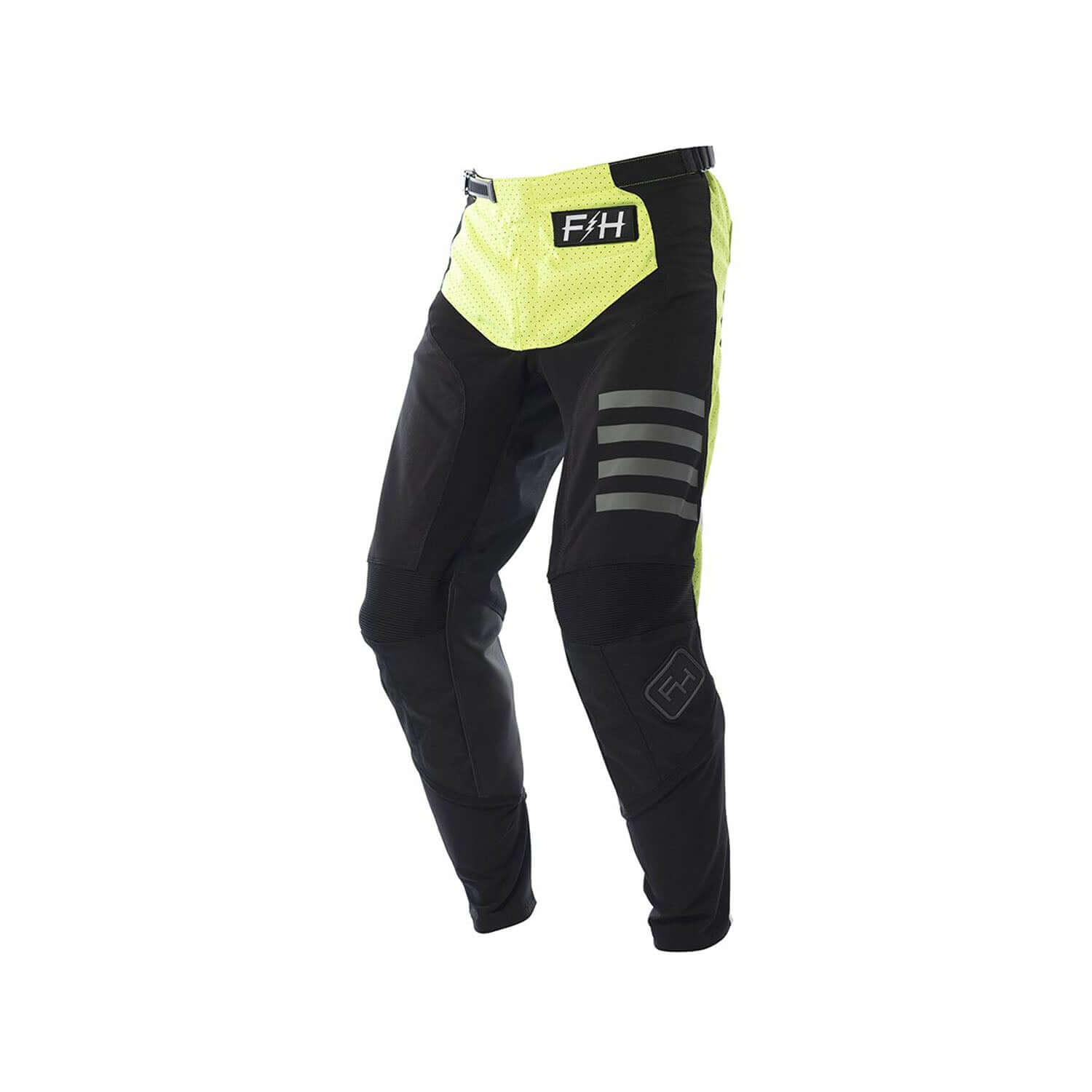 Youth hi-viz yellow and black motocross pants with white triple stripe on side