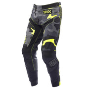 Black high-visibility riding pants with neon yellow camo panels and checker patch