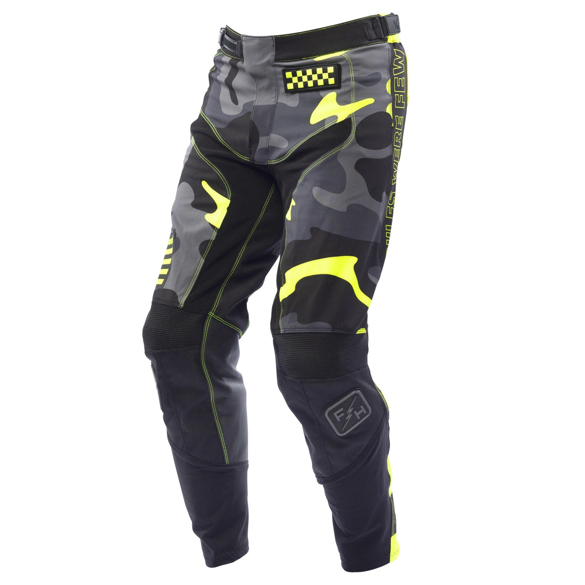 Black high-visibility riding pants with neon yellow camo panels and checker patch