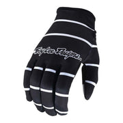Black cycling glove with white stripe bands and Troy Lee Designs logo on back