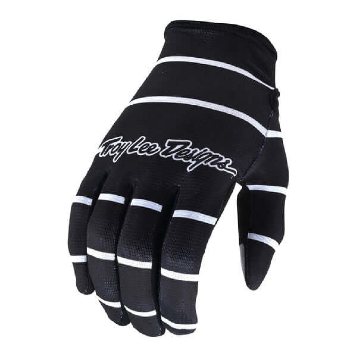 Black cycling glove with white stripe bands and Troy Lee Designs logo on back