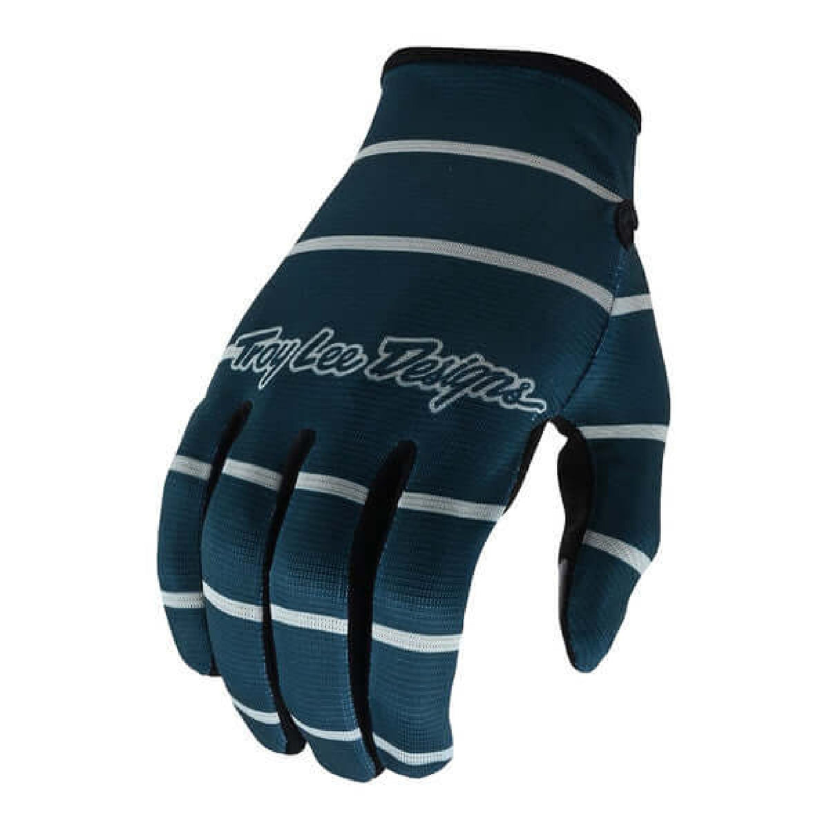 Blue-gray cycling glove with light stripe bands and Troy Lee Designs logo on back