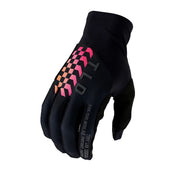 Black riding glove with pink check graphic and padded knuckle panels