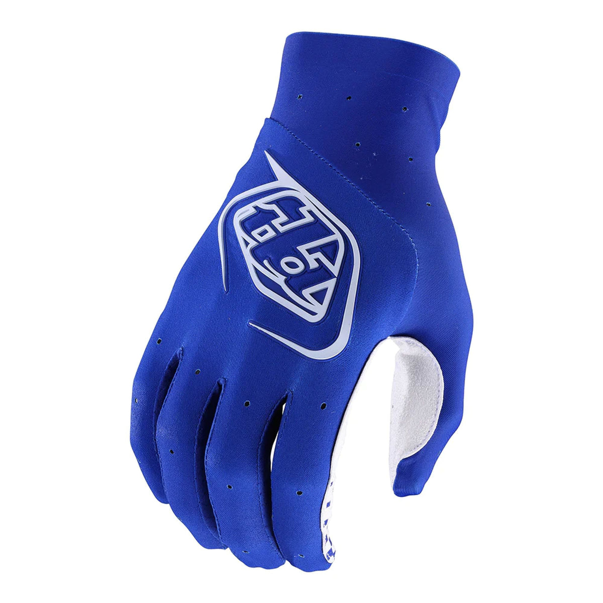 Blue cycling gloves with perforated knuckles and TLD logo patch on the back