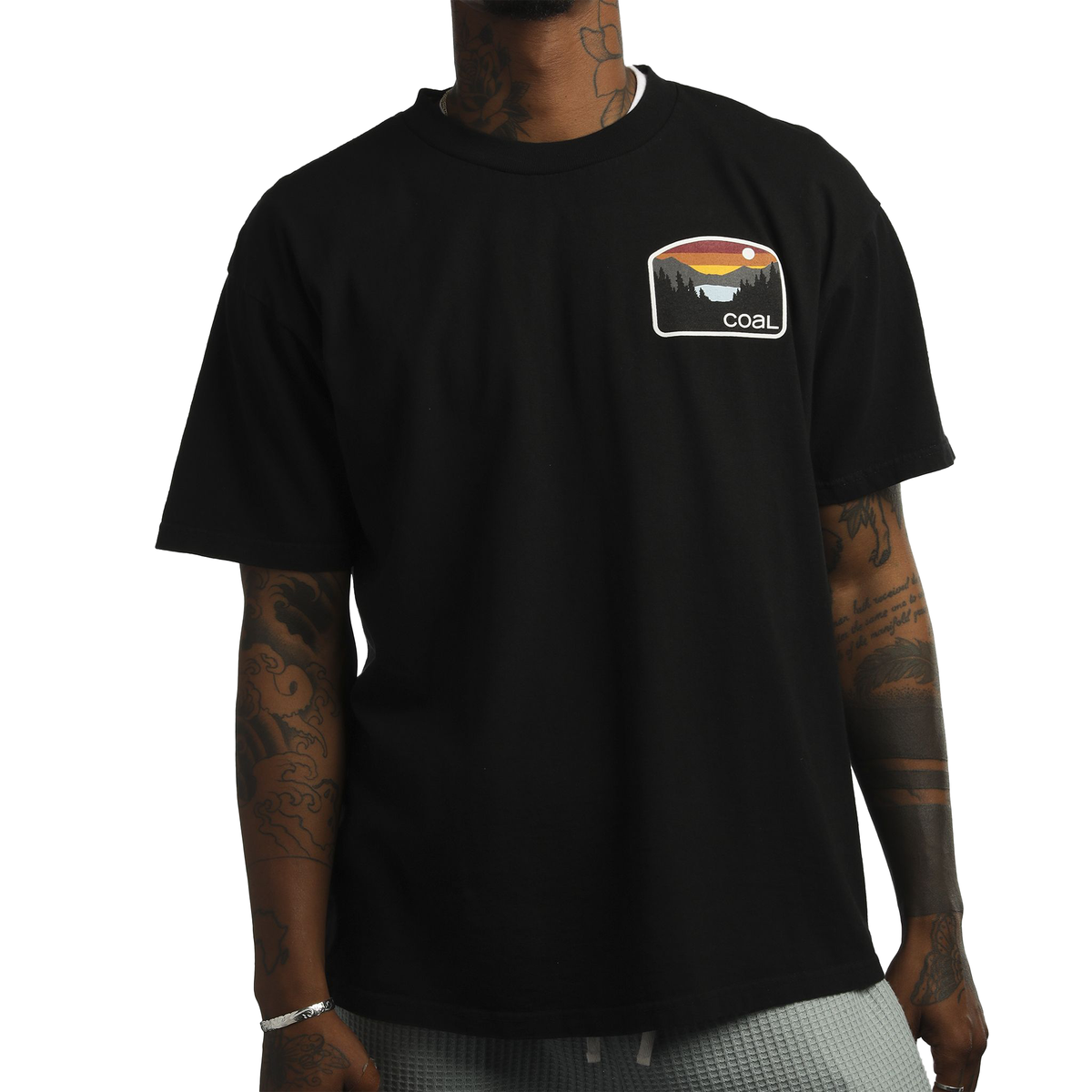 Black short-sleeve crewneck T-shirt with front chest patch logo