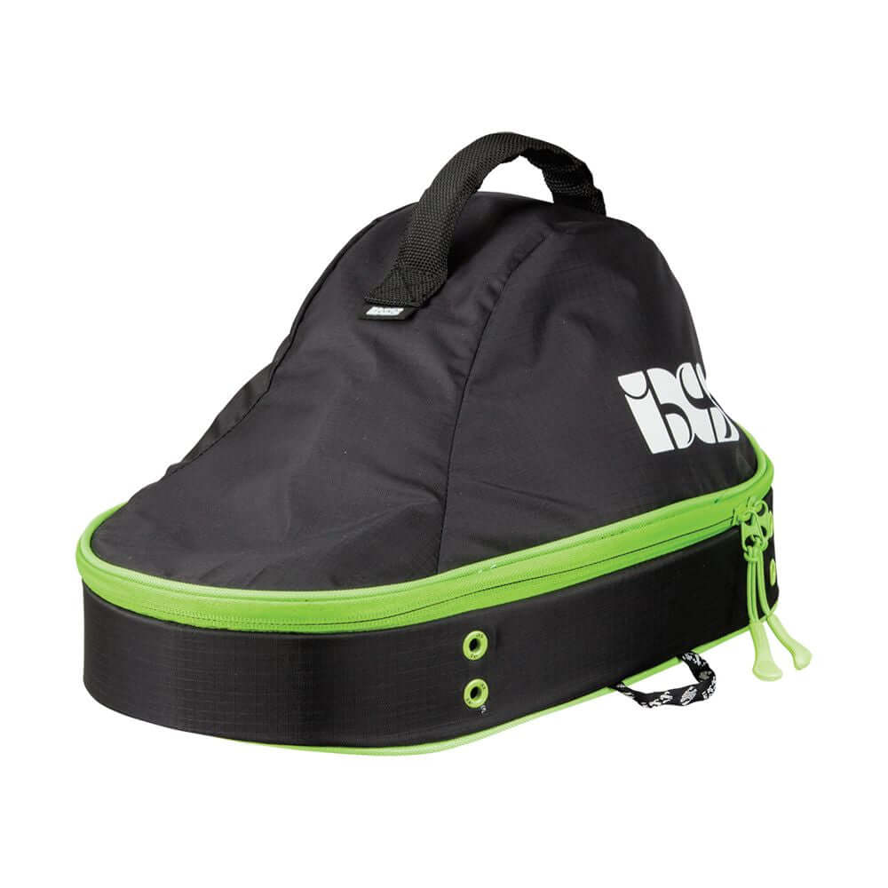 iXS helmet bag, black with neon green trim and carry handle, zip opening