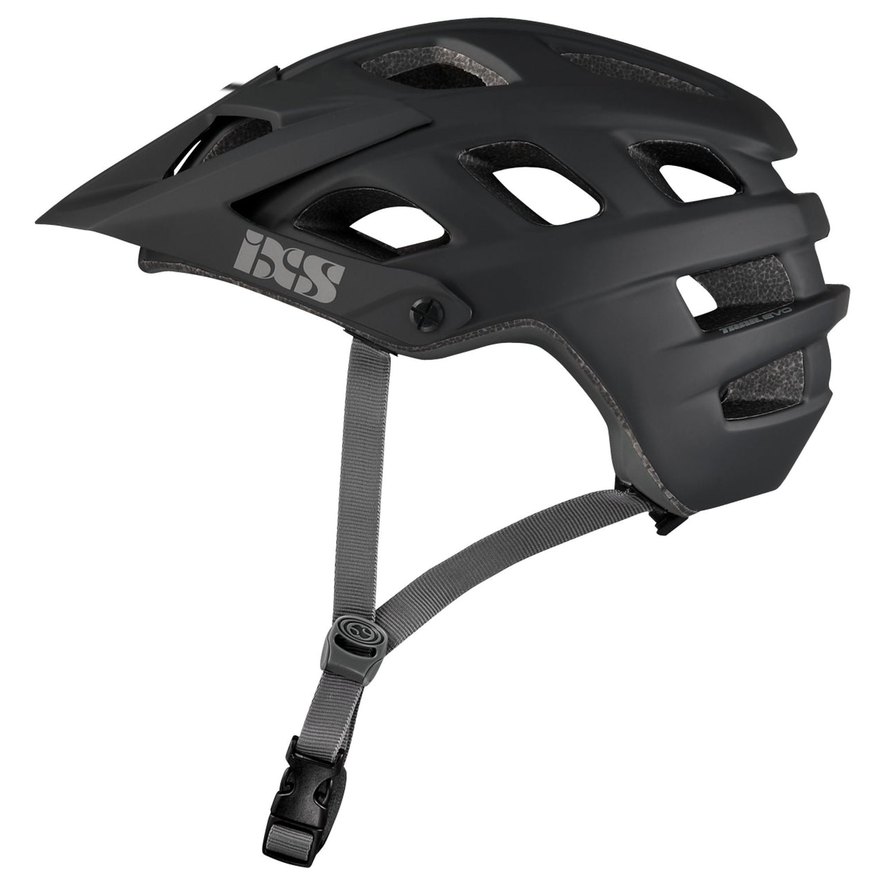 Black vented trail bike helmet with adjustable chin strap