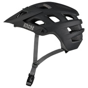 Black vented trail bike helmet with adjustable chin strap