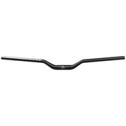 Black bicycle handlebar with small silver logo near center
